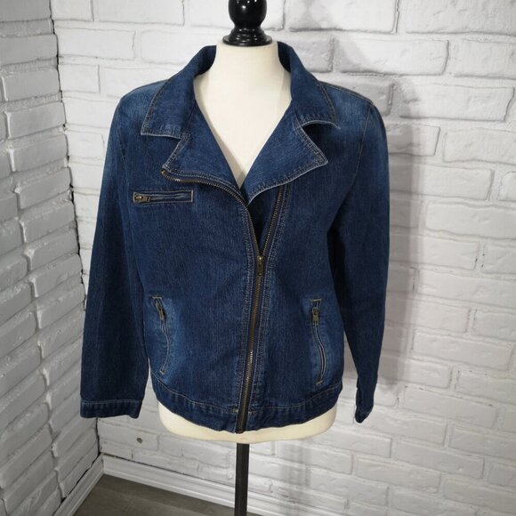 Per Se Ladies Size Large Medium Wash Offset Full Zipper Straight Fit Jean Jacket - Picture 1 of 10